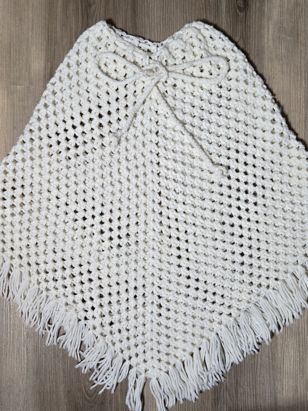 Hand Crafted Cream Crochet Poncho with Fringe